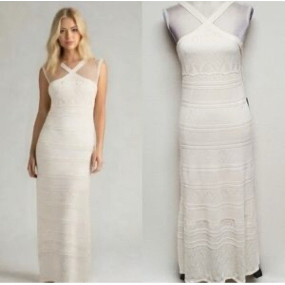 JOIE Maxi Dress XL Cream Halter V Neck Stretch Sleeveless Crochet Lined